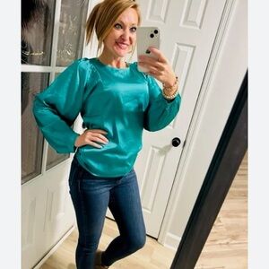 ALLISON SMITH Turquoise Shiny Smocked Shoulder Blouse 8 NWOT